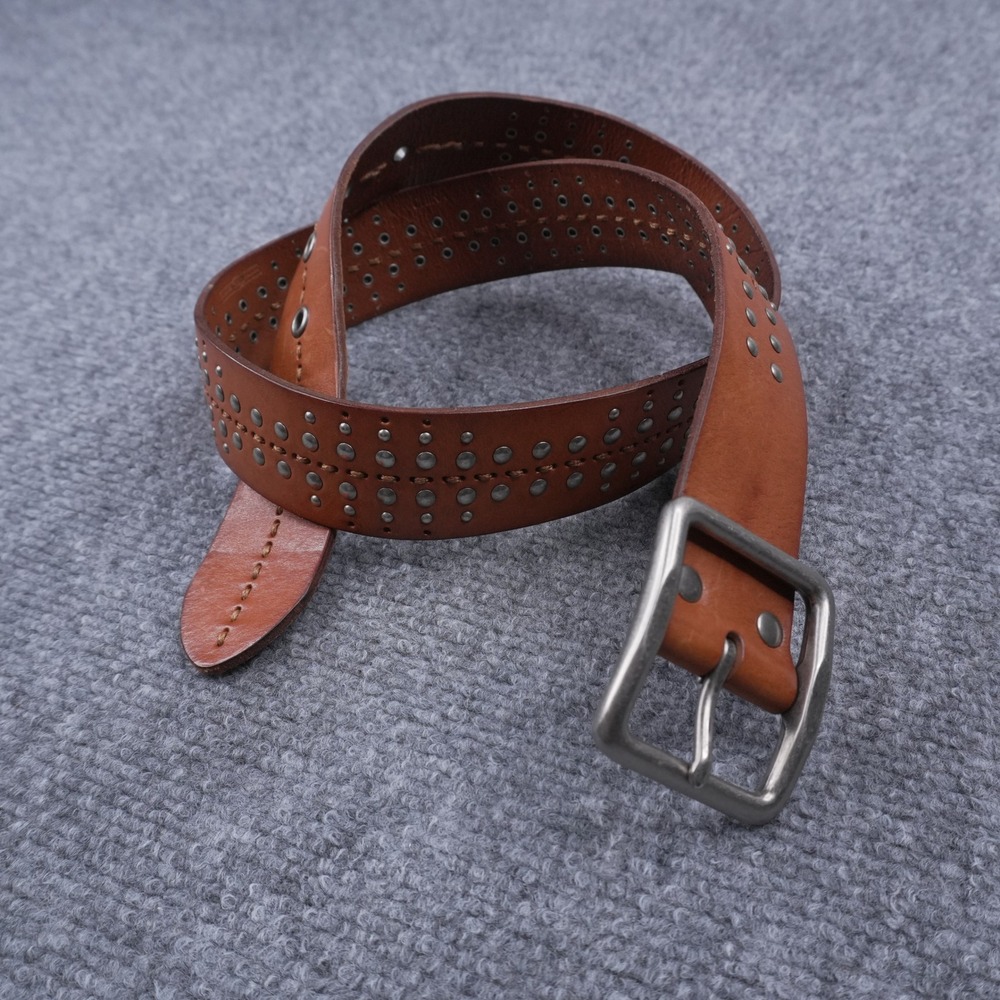 Unbranded Studded Leather Belt Mens 36 Tan Silver Hardware Perforated Western